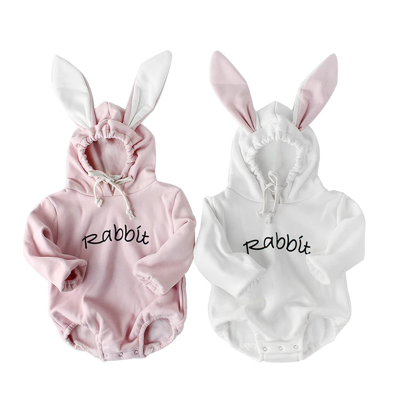 

Winter Baby Girls Romper Rabbit Ears Hooded Letter Sweatshirt Plus Velvet Warm Infant Jumpsuit Toddler Onesie Baby Girls Clothes