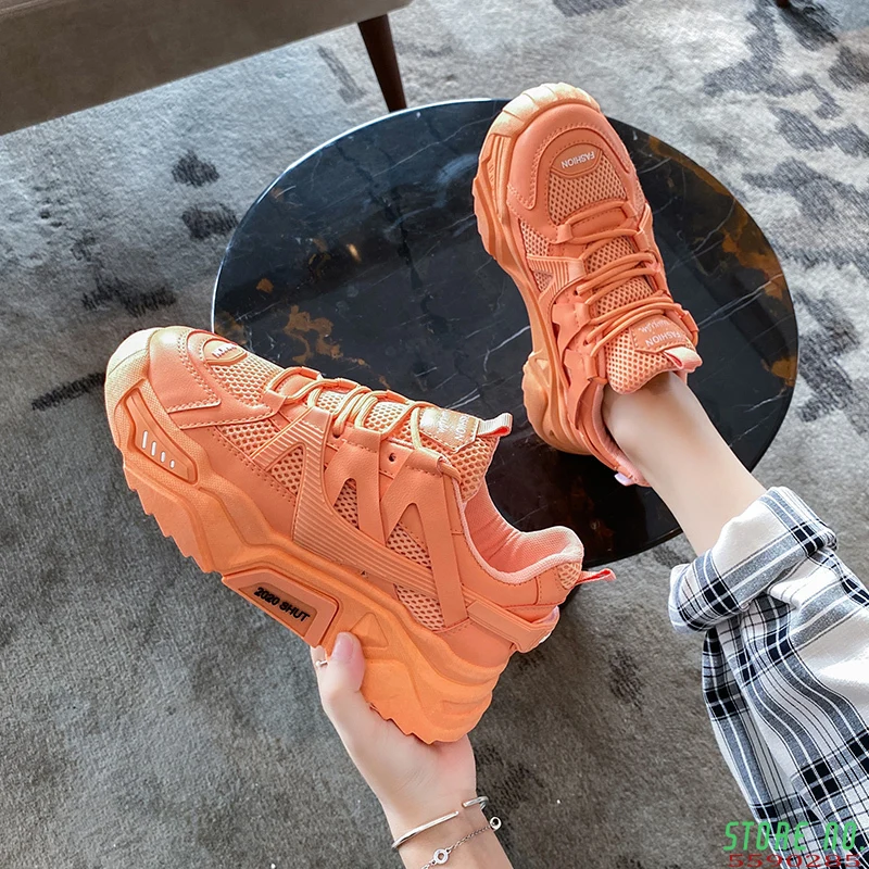 

2020 New Designer Sneakers Women Platform Casual Shoes Fashion Sneakers Platform Basket Femme Yellow Lace-Up Casual Chunky Shoes