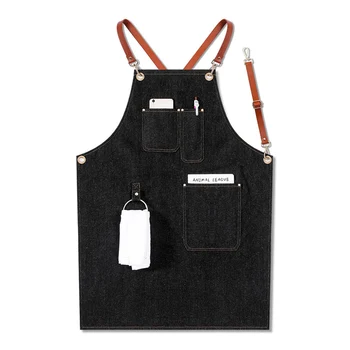 

Denim Apron Leather Shoulder Strap Restaurant Barista Milk Tea Shop Floral Barber Kitchen Cooking Overalls