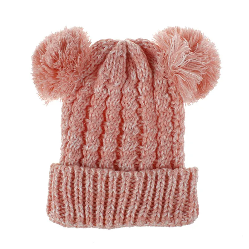 USPOP детские зимние шапки для маленьких девочек, вязаные шапки с двойными помпонами, вязаные шапки, милые детские вязаные шапки - Цвет: pink white