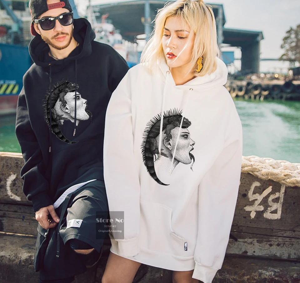 Fashion Unisex Pullover Lizard Female Letter Print Men Long Sleeve Sweatshirt Loose Drawstring Women Warm Top Hoodie | Мужская одежда