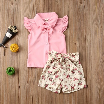 

1-6 Years Toddler Baby Kid Girls Clothes Set Cute Ruffles Vest Tops Bow Flower Shorts Outfits Summer Children Costumes