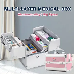 Caixa de primeiros socorros portátil, vazia, kit multifuncional, organizador externo, multicamadas, caixa médica de alumínio, armazenamento