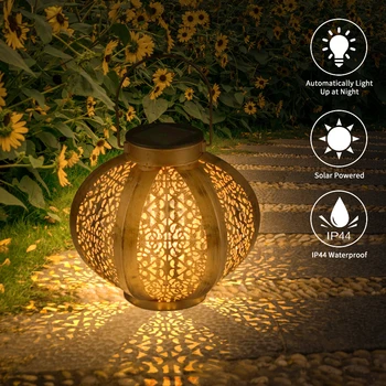 

Solar LED Lantern Wrought Iron Hollow Pattern Projection Lamp Outdoor Decoration Portable Hanging Lantern For Garden Patio Yard