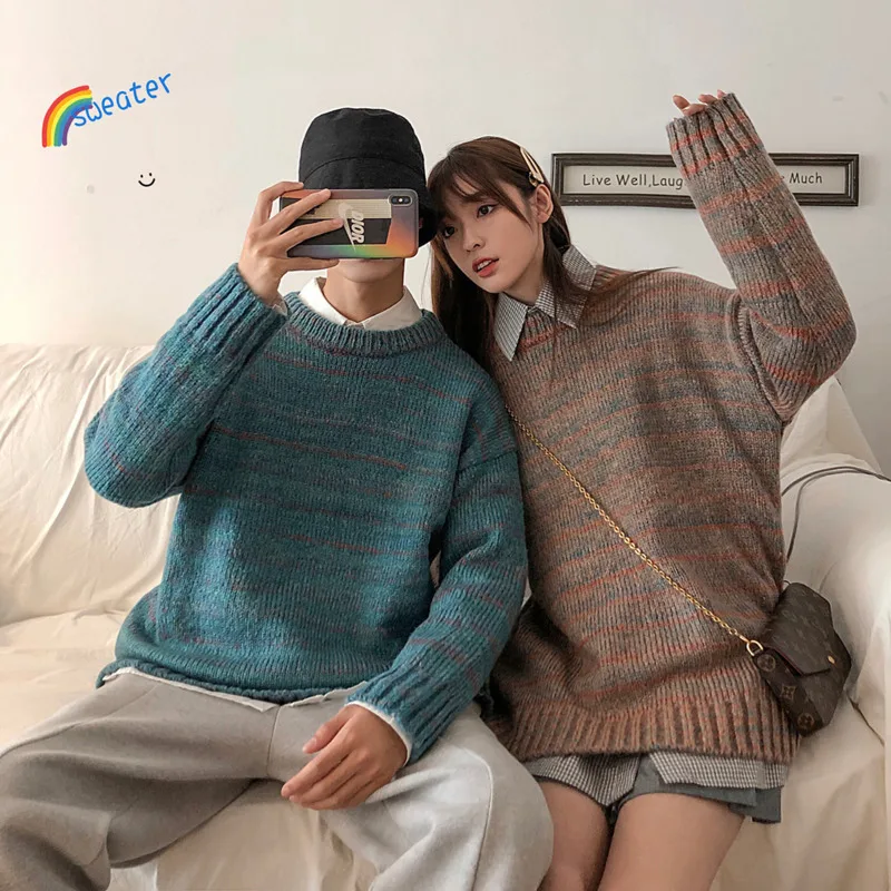 Winter Thick Sweater Men Warm Contrast Color Casual Knit Pullover Men Sweter Clothes Loose Long Sleeve Striped Sweater Man