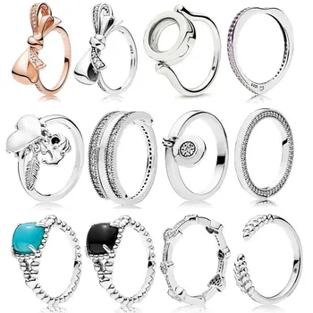 

925 Sterling Silver Original 1:1 Brilliant Bow Vibrant Spirit Signature Hearts Lock Reversible Femal Ring DIY Pandora Jewelry