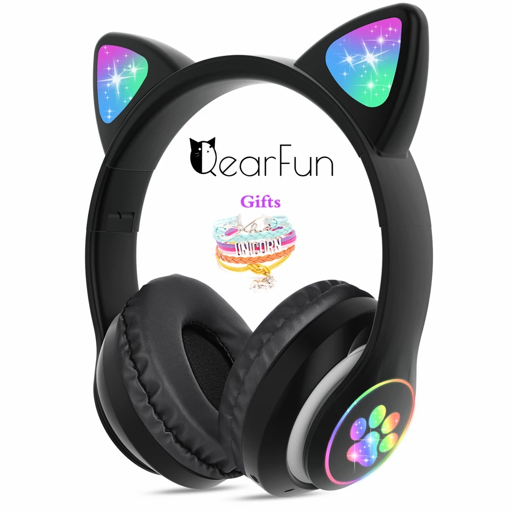 Cute Cat Bluetooth Wireless Headphones With Mic & audio cable Glowing RGB LED Children Black Pink Girls Stereo Music Headset |