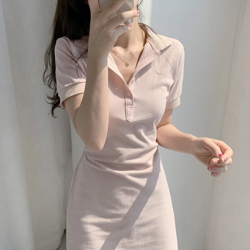Neploe Dress Women Solid Turn Down Collar Short Sleeve Ladies Vestidos Summer 2020 New Elegant Slim Waist Bodycon Dresses 1A1421