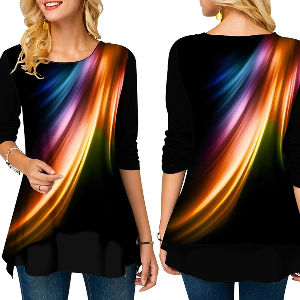 SUNGIFT Women's Fashion Top Printing Pullover Tunic Long Sleeve Loose Fit Round Neck Shirt Irregular Hem Ladies Clothing | Женская
