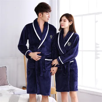 

Bath Robe Home Clothing Men Navy Blue Flannel Sleepwear Kimono Gown Ultra Thick Couple Winter Robe Coral Fleece Nightgown