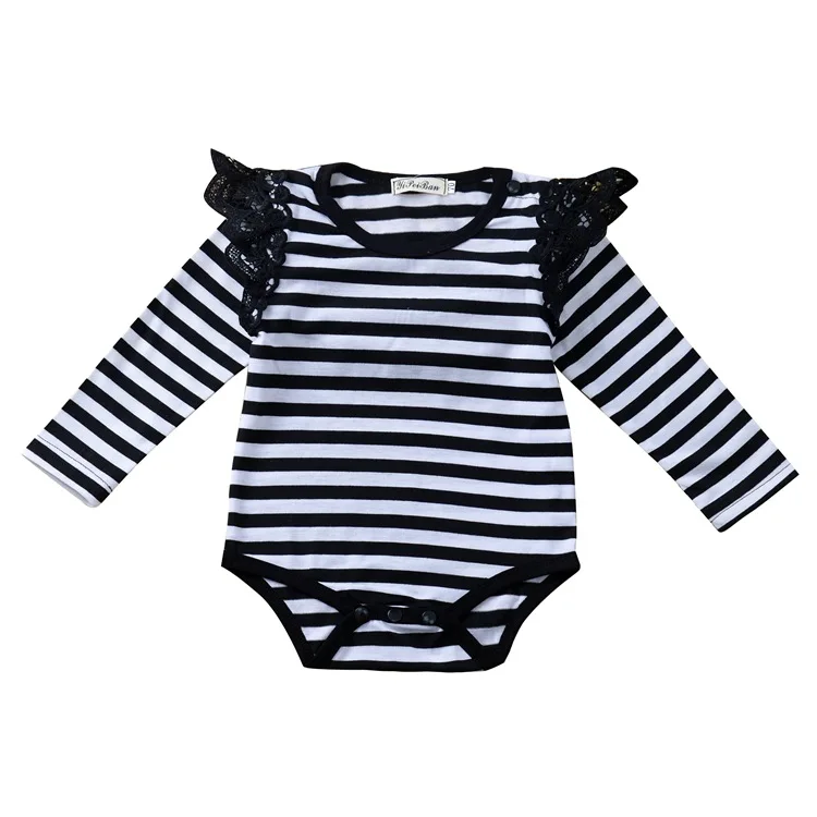 Кружевное боди с рукавами-крылышками для маленьких девочек, хлопковая черно-белая одежда с длинными рукавами для малышей, цельнокроеный костюм для девочек 6-24 месяцев