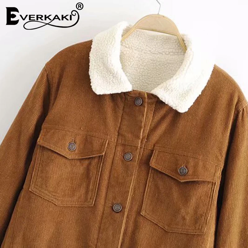 Everkaki Boho вельветовые куртки пальто для женщин осень зима овечья шерсть внутри Твердые толстые теплые женские куртки пальто женские Новинка