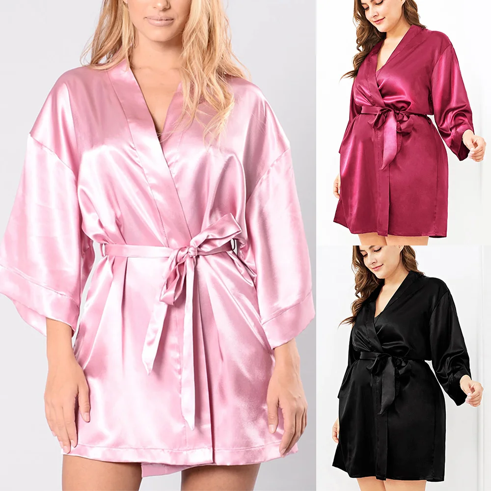 

Sleepwear Women Faux Silk Robe Bath Gown Women Simplicity Bathrobe Plus Size Robe lady Sexy Robes Satin Robe bielizna nocna D35