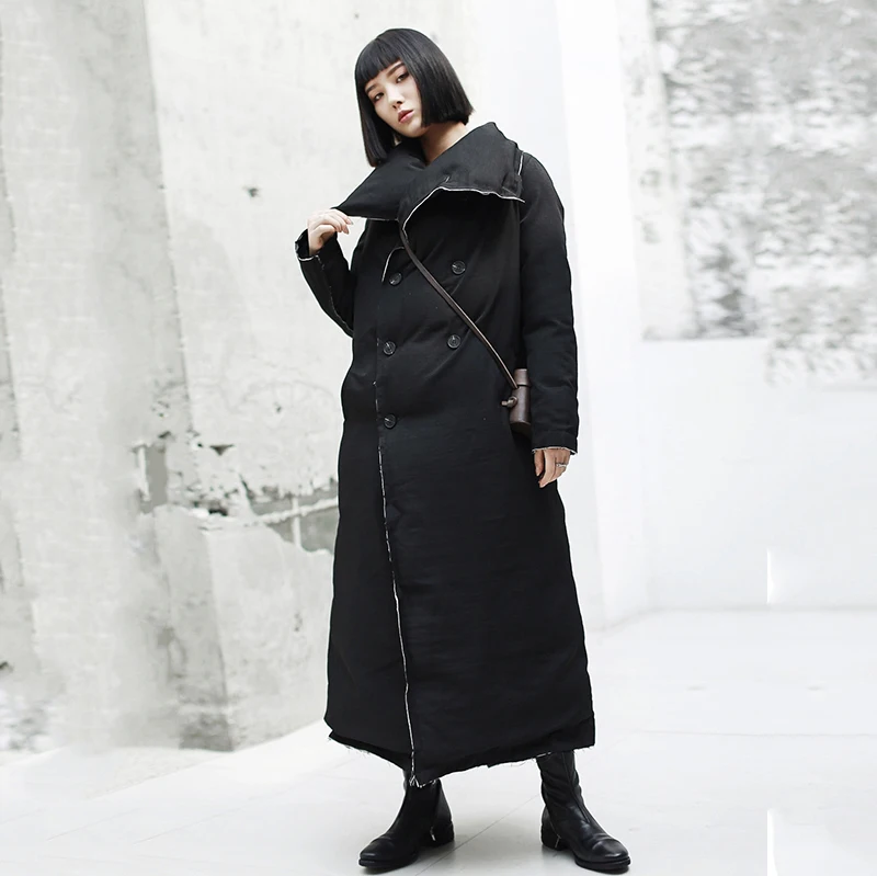 [DEAT] Новинка года, весеннее пальто с длинными рукавами и отворотами, черное, свободное, с хлопковой подкладкой, длинное, утолщенное пальто, женские парки, модные, JK10