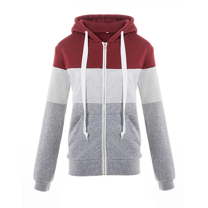 wine red gray Лоскутная Женская толстовка с длинным рукавом на осень и зиму, повседневные толстовки на молнии, спортивные костюмы, толстовки, свитшоты - Цвет: wine red gray