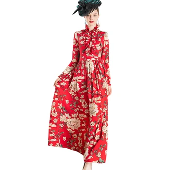 

2020 Spring Chiffon Long Dress Prairie Chic Printed Ruffled Party Elegant Dress Long Sleeves Runway Dress Ankle-Length DZ2500