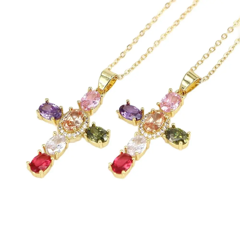 

10PCS, Rainbow Colorful Cubic Zircon Cross Pendent Necklace Link Chain Women Luxury Crystal Jewelry