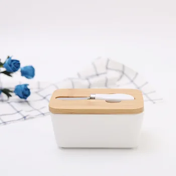 

Ceramic Butter Container Set, Rectangle Butter Sealed Can + Wood Lid + Cutter + Silicone Loop(Pure White/Letter) 2020 New