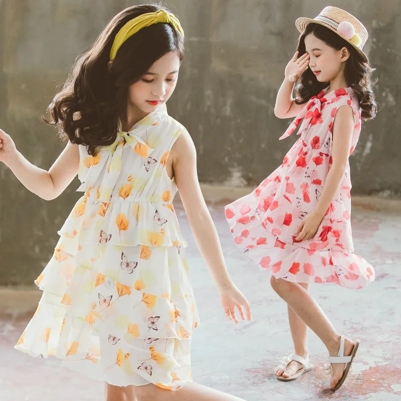 

Summer Wedding Party New Maple Leaf Print Girl Dresses for 3-14 Years Chiffon Princess Ruffle Kids Bow Dresses for Teens Girl