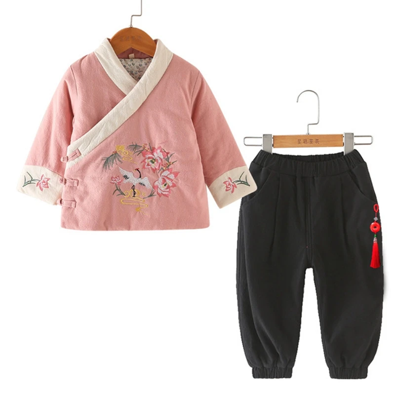 Хлопковая теплая одежда Hanfu в китайском стиле; зимняя одежда в национальном стиле; одежда в стиле ретро; хлопковый Детский костюм в стиле Тан