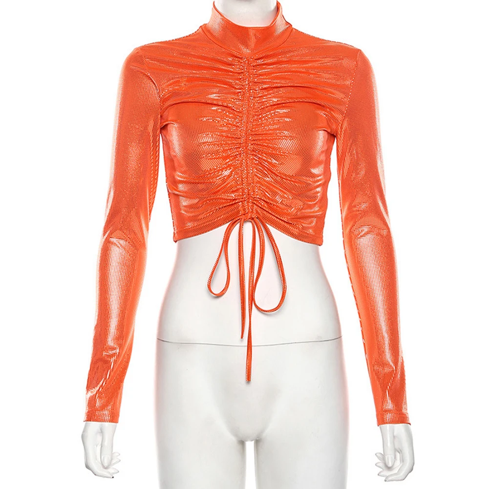 

1pc Women Autumn Orange Tops Round Neck Long-sleeved Drawstring Navel Nightclub Short T-shirt Hot Selling New 2019