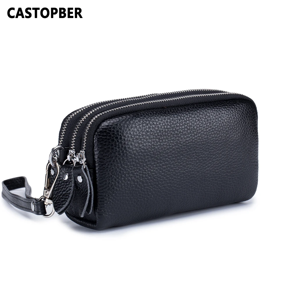 

Fashion Ladies Cow Genuine Leather Day Clutches Purses 3 Layer Zipper Wallet Hand Wallets For Women Suit For 6.5" Cell Phone Bag
