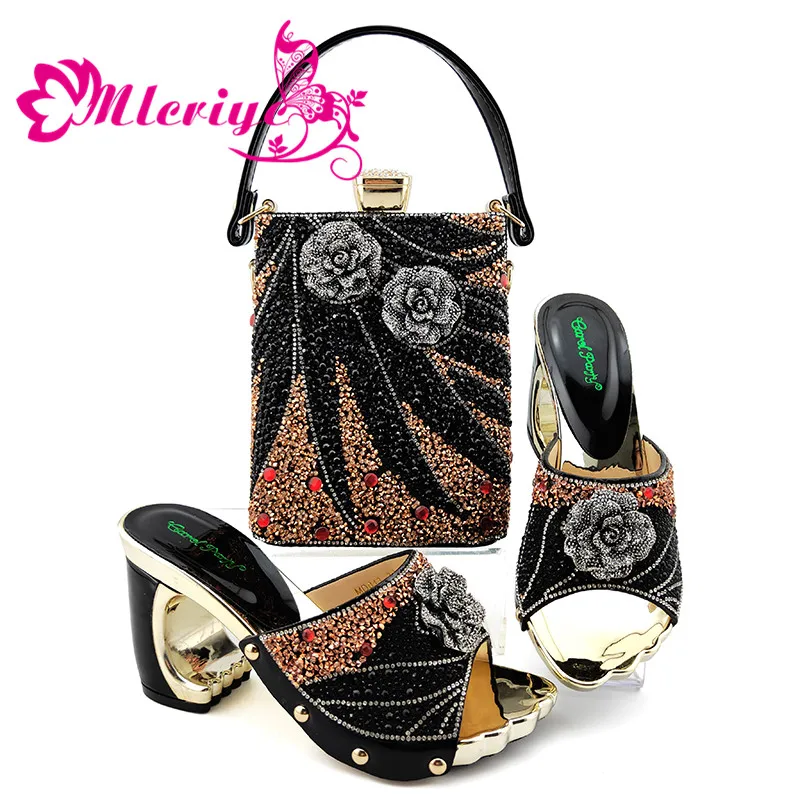 

Hot Selling Nigerian Design African Women Shoes and Bag Set African Ladies Matching Shoes and Bag Comfortable Heels in Black