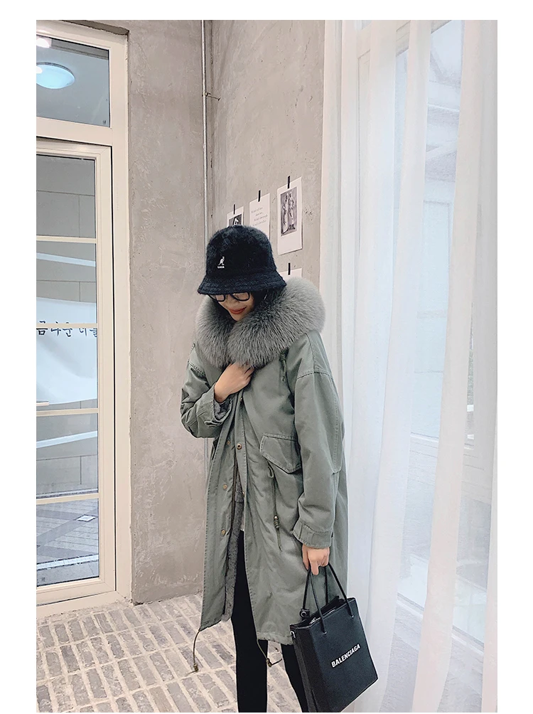 Куртки-парки, верхняя одежда для женщин, зима, Лисий большой мех, датский мех кролика Рекс, меховая подкладка, длинное пальто