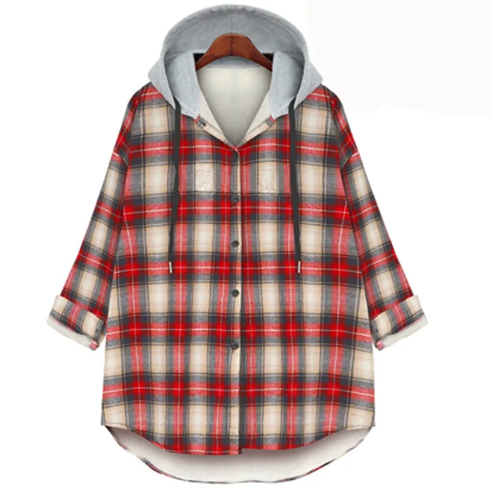 Description Picture 5 of itemWinter Plus Size 5XL Women Fleece Shirts Colorful Plaid Long Sleeve Ladies Blouse and Shirts Hooded Button Cardigan Tops KE2146