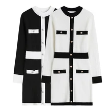 

Autumn Winter Female Knitted Dress Long-sleeve A-line Skirt Slim Slimming Base Skirt Black White Contrast Color Frocks For Women