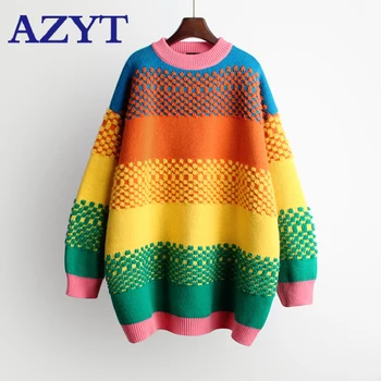 

Coloful Striped Knitwear Long Oversized Pull Sweaters pull femme nouveaute 2020 Women Warm Rainbow Sweater and Pullovers