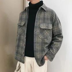 Primavera retro de lã xadrez de manga comprida camisa masculina solta coreano harajuku estilo casual casal maré marca camisa jaqueta masculina