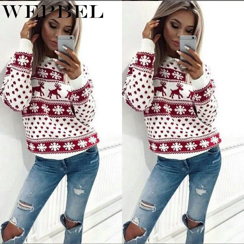 

WEPBEL Women's Elk Snowflake Printed Sweatshirts Autumn and Winter Christmas Casual Long-Sleeved O-Neck Loose-Fit Sweatshirts