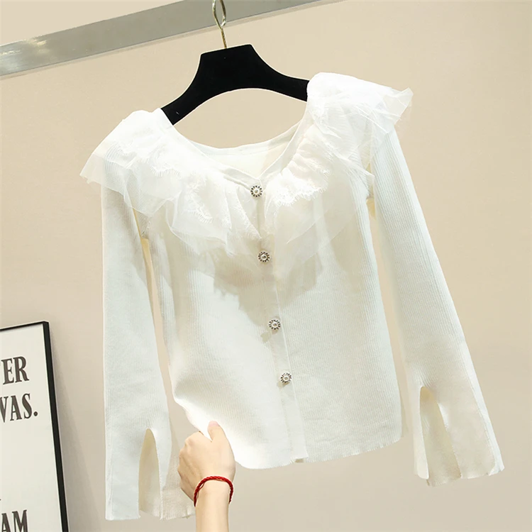Best Price 2019 Autumn Lace Spliced Sweater Womens Knitted Cardigan Coat Women Ice Silk Horn Sleeve Thin Knitting Shirt Girl Lady Sweatwers