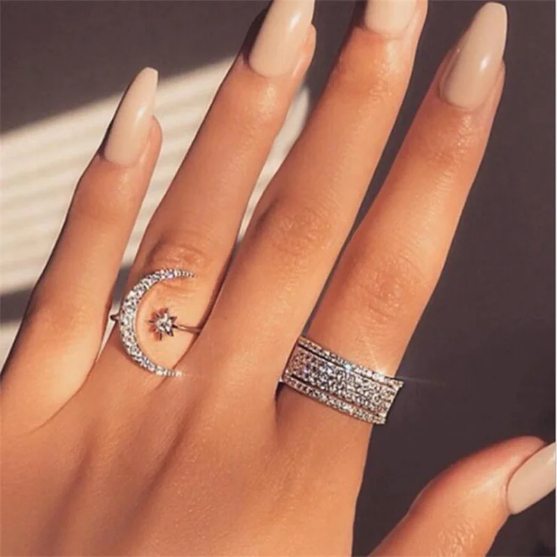 

SOUQ New Design CZ Zircon Star Moon Ring 2019 Fashion Statement Geometric Gold Silver Rose Gold Charm Lady Girl Ring Jewelry