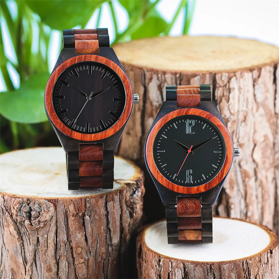

Luxury Men Watches Ebony Red Wooden Men's Bangle Wood Watch Quartz Movement New Fashion Casual Mens Watches reloj masculino