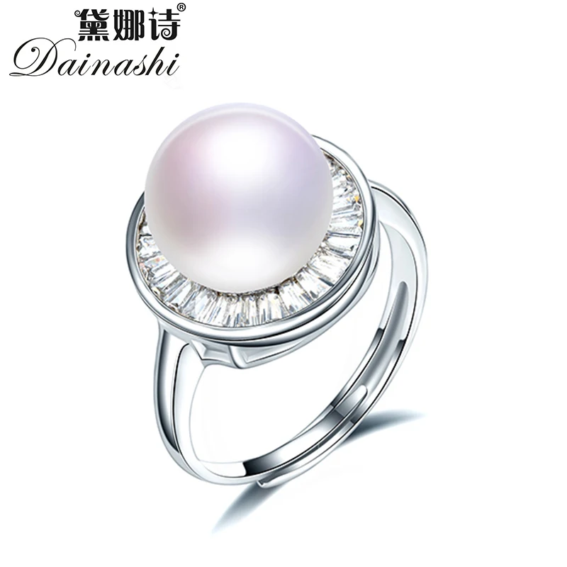 Dainashi High Quality 925 Sterling Silver Round Zircon Crystal Adjustable Ring Genuine Freshwater Pearl Ring Party Gift