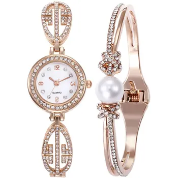 

Fashion Dress Watches Bracelet Sets Stainless Steel Rhinestone Imitation Pearls Bangle montre femme 2018 Bracelet Small Dial