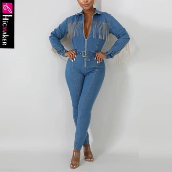 

Women Tassel Design Wrap Belt Skinny Bodycon Denim Jumpsuit Plus Size Long Sleeve Stretch Slim Fit Blue Female Overall