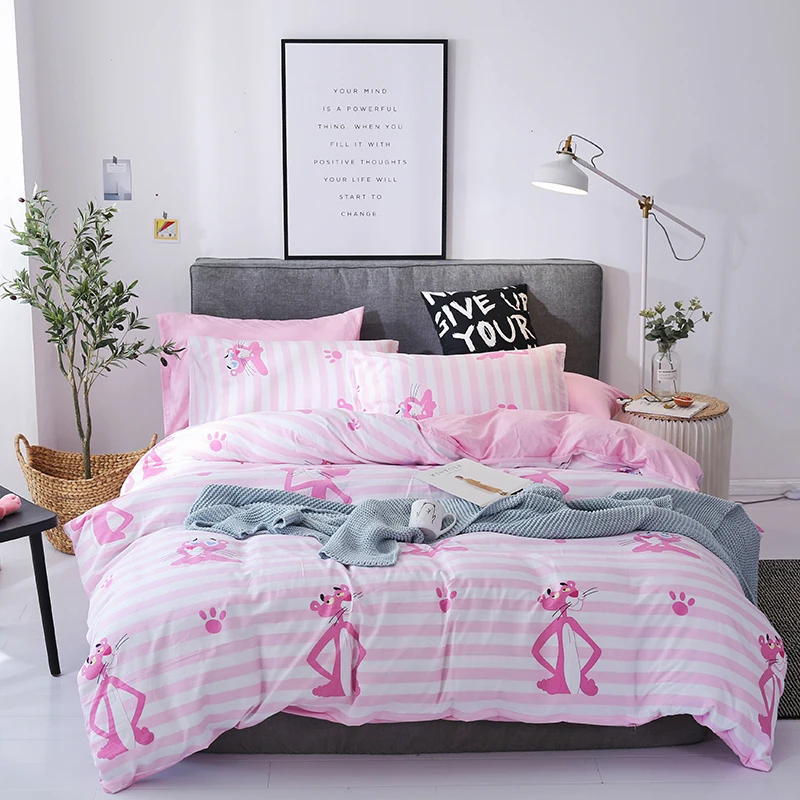 

AHSNME Pink Panther Bedding Set 4pcs Bedlinen Soft Washed Cotton Zebra Bed Sets Leopard Duvet Cover Bed Sheet