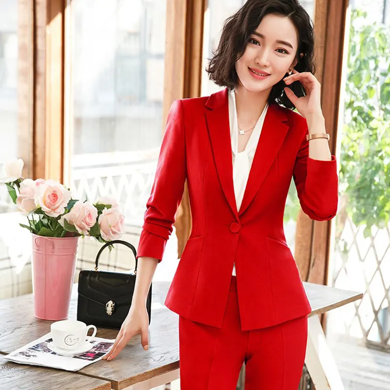 

IZICFLY New Spring Autumn Red Formal Trouser With blazer set Uniform Designs for women suits Office Elegant Business Pant Suits