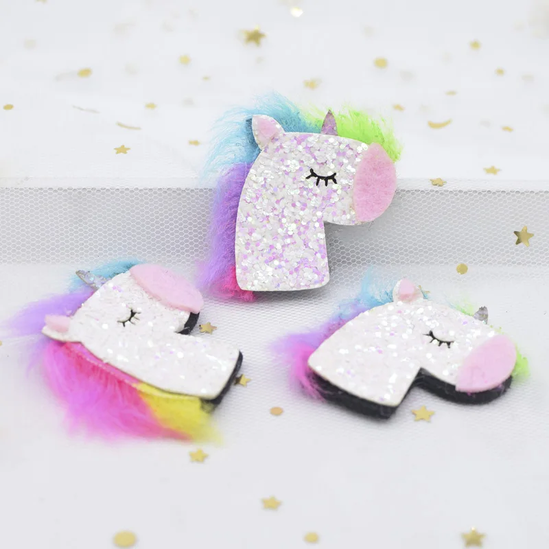 10Pcs/lot 45mm Padded Glitter Fabric Colorful Mane Unicorn Applique for DIY Hat Headwear Decor Hair Clips Accessory Patches C20