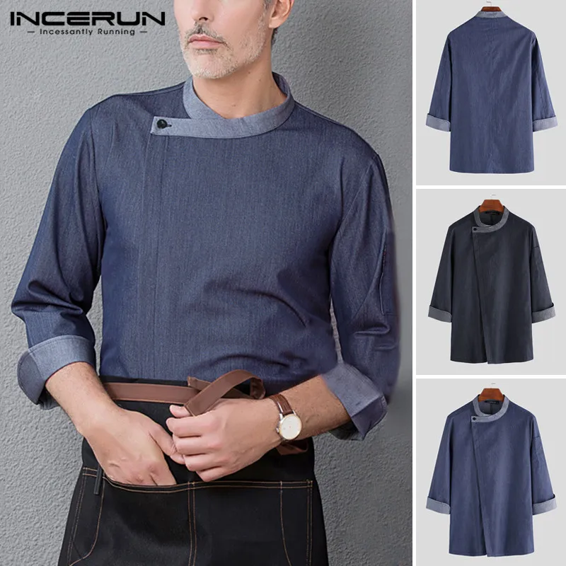 

INCERUN Unisex Chef Uniform Kitchen Restaurant Chef Jackets Patchwork 3/4 Sleeve Food Service Cook Shirt Men Work Clothes S-5XL
