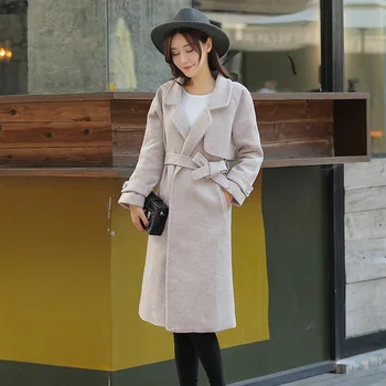 

Casual Fashion Women Long Winter Wool Blend Coat Warm Slim Wool Coat And Jacket Long Solid Belt Outerwear