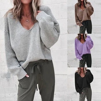 

Puimentiua Women Streetwear V Neck Long Sleeve Pullovers Loose Solid Sweater Female Autumn Winter Warm Casual Solid Sweaters