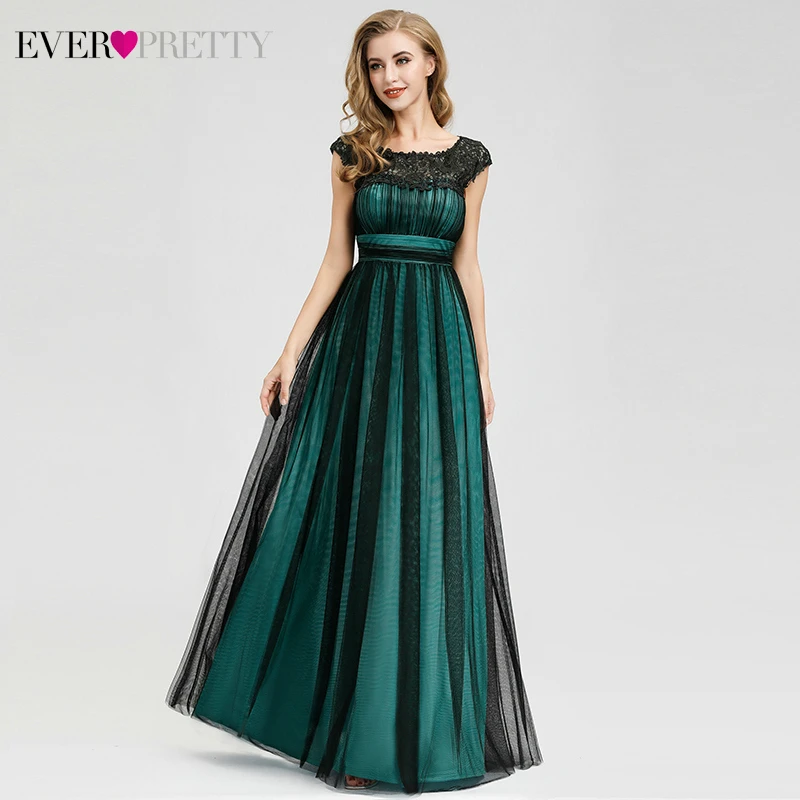 Элегантные вечерние платья, длинные платья Ever Pretty EZ07970DG трапециевидной формы с аппликацией и круглым вырезом, вечерние платья из тюля, Vestido Noche Elegante - Цвет: Dark Green