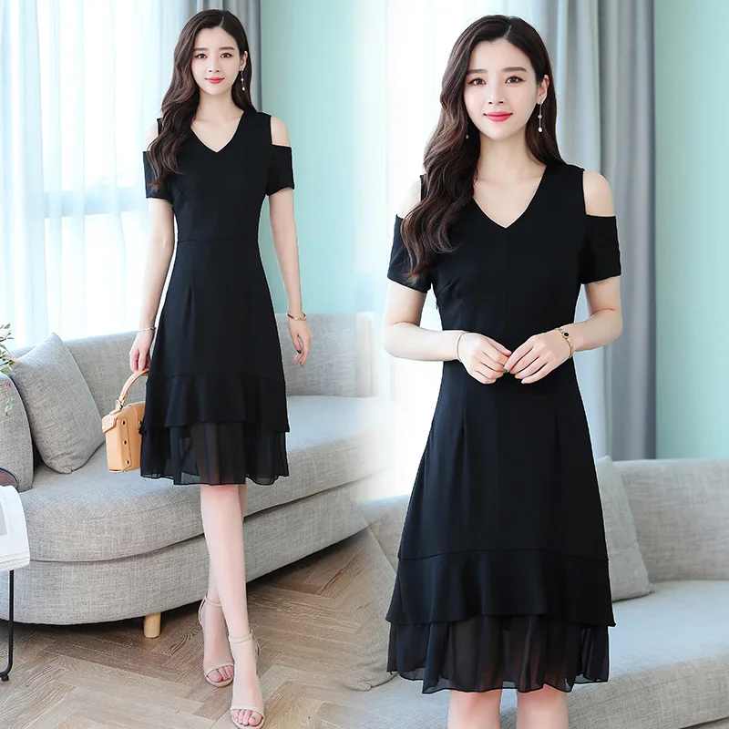 

Black And White with Pattern Hepburn Wind off-Shoulder Dress Women's 2019 Summer Short-sleeved Mid-length Chiffon Feminine Fisht