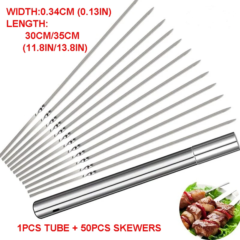 

Stainless Steel Kabob Skewers For Grilling Flat Metal BBQ Skewers Set with Storage Tube Reusable Sticks for Grill Babecue Skewer