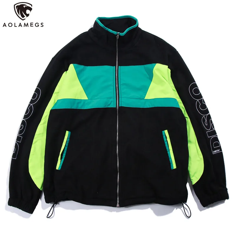 

Aolamegs Jackets Men Embroidery LetterColor Fleece Casual Patchwork Harajuku Warm Jacket Loose High Street Lovers Men Streetwear