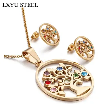 

New Colorful Crystal Tree of Life Stainless Steel Gold/Silver Color Christmas Jewelry Sets For Women/Girl Choker Necklace Party